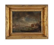 DUTCH SCHOOL (17TH CENTURY), MOONLIT LANDSCAPE WITH FROZEN LAKE AND WINDMILL