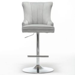 HIGH END LIGHT GREY BARSTOOL - VELVET FABRIC - PLEATED INNER - BS-111 LI/GR