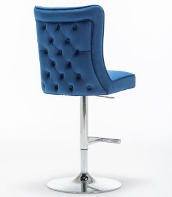 HIGH END BLUE BARSTOOL - VELVET FABRIC - SEAM DETAIL - BUTTON BACK - BS-200 BLUE