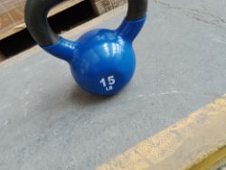 (P87) - NEW pallet of 18 x 15lb Kettlebells, 14 x Fold away tables & 1 x fan lamp