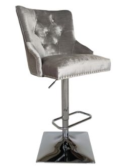 HIGH END SHIMMER GREY BARSTOOL - VELVET FABRIC - SEAM DETAIL - BUTTON BACK INNER- BS-899 SH/GR