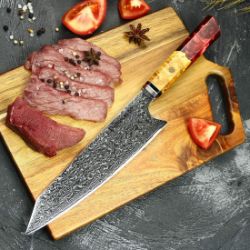 5 x Damascus 8 inch steel knives with coloured red resin handle - with sheaths