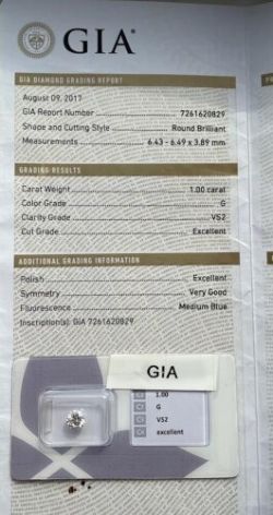 1.00 CARAT ROUND BRILLIANT LOOSE NATURAL DIAMOND GIA CERTIFICATE G/VS2