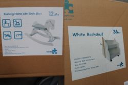 (P120) - 1 PALLET OF 36 X WHITE KIDS BOOKSHELF & 4 X ROCKING HORSES
