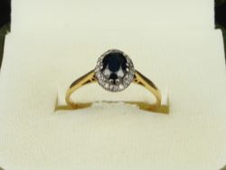 DIAMOND & SAPPHIRE HALO RING 18CT GOLD LADIES SIZE L 1/2 750 2.2G
