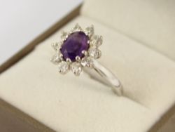 DIAMOND & AMETHYST HALO RING 18CT WHITE GOLD LADIES SIZE Q 1/4 750 5.5G