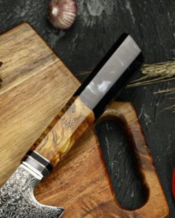 5 x Black 8 inch Damascus steel knives with sheaths