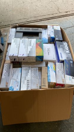 BOX PALLET OF USED PRINTERS AND MIX OF NEW AND USED TONERS INK