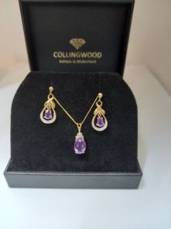 AMETHYST DIAMOND PENDANT & EARRING SET YELLOW GOLD