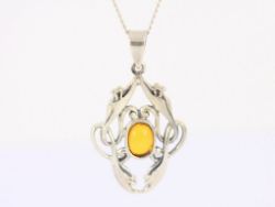 AMBER FLORAL PENDANT STERLING SILVER CHAIN NECKLACE 19.75