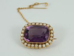 ANTIQUE AMETHYST & SEED PEARL BROOCH 15CT GOLD LADIES STUNNING 8.9G FE6
