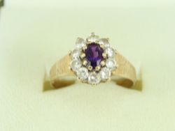 AMETHYST HALO RING 9CT GOLD LADIES STUNNING SIZE P 375 2.9G EP88