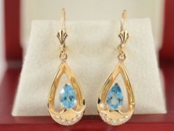 EXCEPTIONAL DIAMOND AND BLUE TOPAZ EARRINGS 14K GOLD LADIES STUNNING 585 AD48