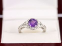 AMETHYST HALO RING STERLING SILVER LADIES STUNNING SIZE N 1/2 925 3.1G AX59