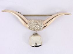 BULL HORNS COW BELL BROOCH STERLING SILVER LADIES GENTS 925 3.7G SS23