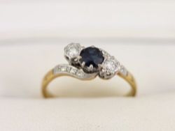 DIAMOND SAPPHIRE TRILOGY RING 18CT GOLD LADIES SIZE N 750 3G BC11
