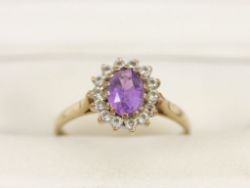 AMETHYST HALO RING 9CT GOLD LADIES STUNNING SIZE P 375 2.3G BY27
