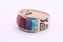 MULTI-COLOURED TURQUOISE GEMSTONE RING SIZE M 1/2 STERLING SILVER 4.6G