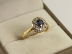 DIAMOND & SAPPHIRE HALO RING 18CT GOLD LADIES SIZE L 1/2 750 3.6G