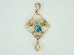 VINTAGE TURQUOISE & SEED PEARL PENDANT 9CT GOLD LADIES STUNNING 375 2.7G FE54