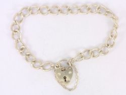 CURB CHAIN BRACELET HEART PADLOCK STERLING SILVER 6.75