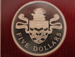 1977 CAYMAN ISLAND 5 DOLLAR SILVER PROOF COIN $5 RARE 925 H85