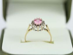 PINK CZ HALO RING 9CT GOLD LADIES STUNNING SIZE L 1/2 375 2G CX51