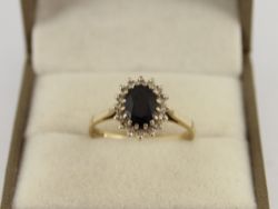 DIAMOND & SAPPHIRE HALO RING 9CT GOLD LADIES SIZE P 1/4 375 2.3G ID73