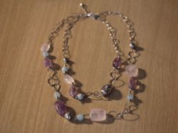 STERLING SILVER DOUBLE STRAND NECKLACE AMETHYST ROSE QUARTZ AGATE LADIES OM49