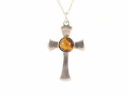 TIGER EYE CROSS PENDANT STERLING SILVER LADIES NECKLACE 925 3.1G CK62