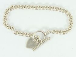 CABLE CHAIN BRACELET STERLING SILVER HEART CHARM T BAR 7.5