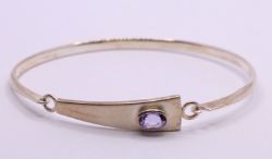 STERLING SILVER AMETHYST GEMSTONE LADIES BANGLE BRACELET VINTAGE 10.4G AAC833