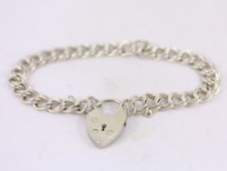 DOUBLE CURB CHAIN BRACELET STERLING SILVER HEART PADLOCK LADIES 7.5