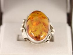 AMBER SOLITAIRE RING STERLING SILVER FLORAL LADIES SIZE P 1/2 925 9.4G CM54
