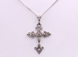SIMULATED DIAMOND CROSS PENDANT CUBAN CHAIN NECKLACE STERLING SILVER 3.3G AAC163