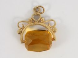VINTAGE CITRINE WATCH FOB ALBERT CHAIN 9CT GOLD 375 3.6G IA80