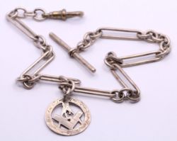 STERLING SILVER ALBERT CHAIN & T-BAR MASONIC BADGE PENDANT 13.5