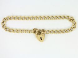 CURB CHAIN BRACELET 9CT GOLD HEART PADLOCK CLASP 7.75