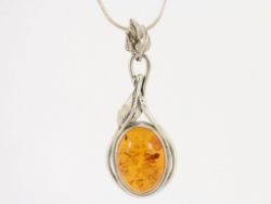 AMBER PENDANT STERLING SILVER SNAKE CHAIN NECKLACE 16.25