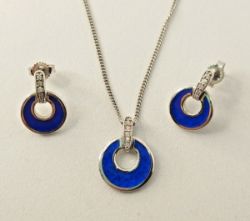 PENDANT & EARRING SET/CERAMIC & DIAMONDS ROYAL BLUE /STERLING SILVER