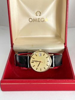 VINTAGE 9K GOLD OMEGA AUTOMATIC GENEVE WATCH WITH GOLDEN CASE & BLACK STRAP**