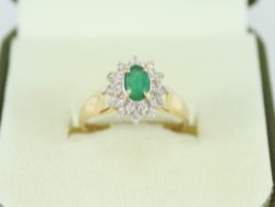 EMERALD HALO CLUSTER RING 14K GOLD LADIES STUNNING SIZE M 1/2 585 2.6G FE35
