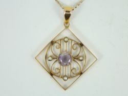 VINTAGE AMETHYST & SEED PEARL PENDANT 9CT GOLD LADIES NECKLACE 375 4.1G FE53