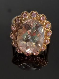 LARGE OVAL PINK MORGANITE/SAPPHIRE RING/YELLOW GOLD