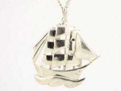 LARGE SHIP PENDANT STERLING SILVER CHAIN NECKLACE 18