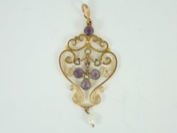 VINTAGE AMETHYST & SEED PEARL PENDANT 9CT GOLD LADIES 375 3.6G FE52
