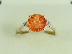 DIAMOND & ORANGE QUARTZ RING 10K GOLD LADIES SIZE P 1/2 2.2G ET64