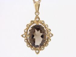 SMOKY QUARTZ AND SEED PEARL PENDANT 9CT GOLD NECKLACE LADIES 8.7G AH9