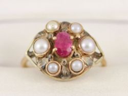 RUBY PEARL CLUSTER HALO RING 9CT GOLD LADIES STUNNING SIZE O 375 4.6G BZ74