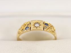 DIAMOND SAPPHIRE AND PEARL RING 18CT GOLD LADIES 750 VICTORIAN SIZE O Q80